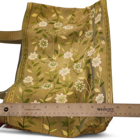 Silk Green Tote Purse Embroidered White Floral Design, 3 Compartments – 16"x9.5" - Picture 5 of 10